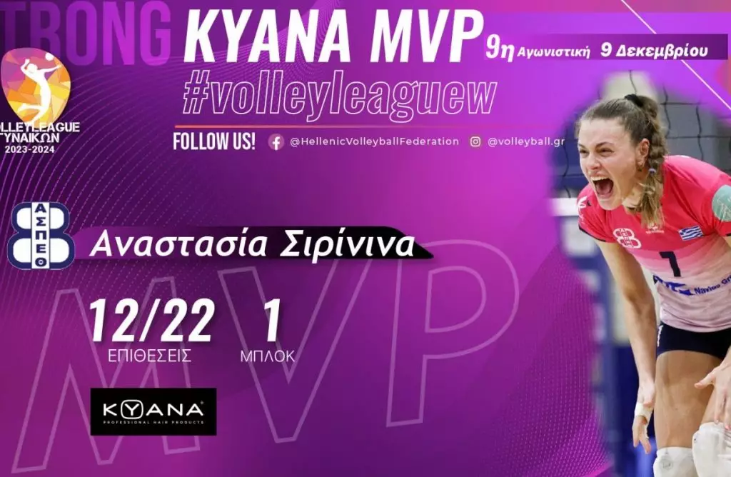 Η Αναστασία Σιρίνινα KYANA MVP της 9ης αγωνιστικής της Volley League Γυναικών